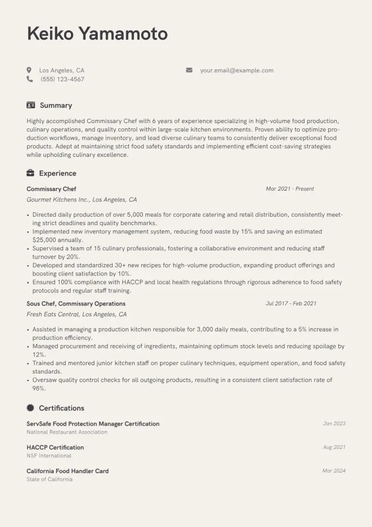 Commissary Chef Resume Example CV template preview