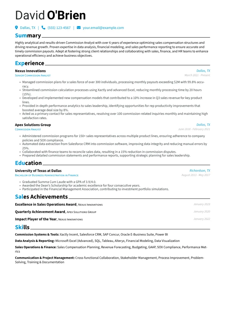 Commission Analyst Resume Example CV template preview