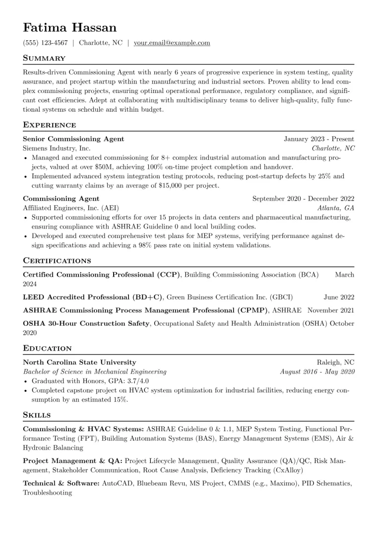 Commissioning Agent Resume Example CV template preview