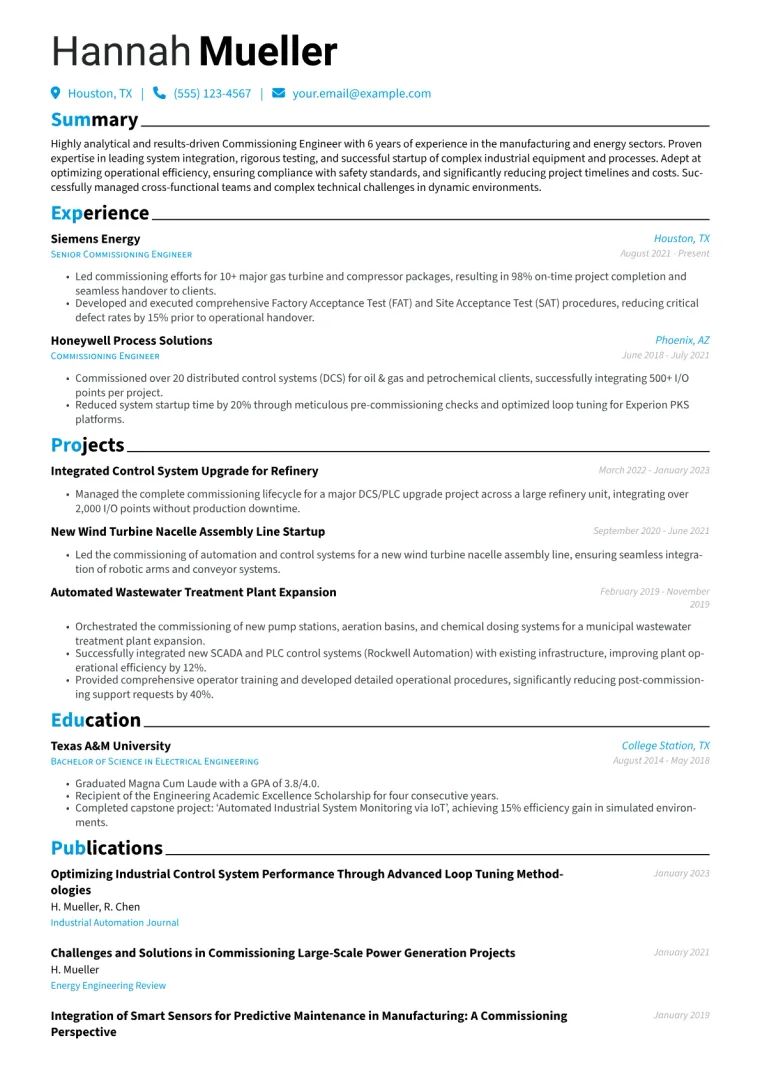 Commissioning Engineer Resume Example CV template preview
