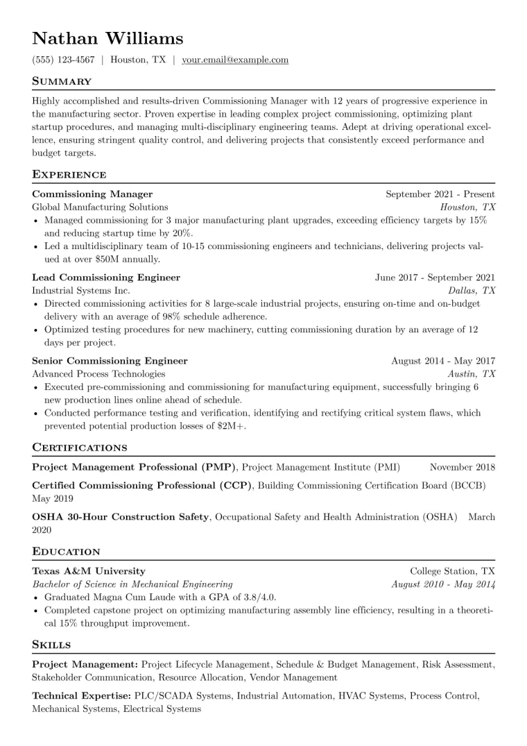 Commissioning Manager Resume Example CV template preview