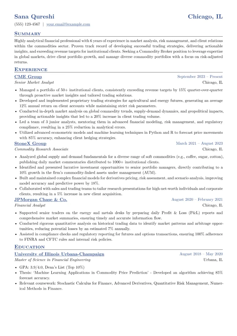 Commodity Broker Resume Example CV template preview