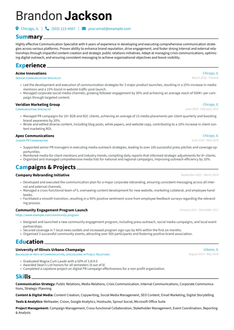 Communication Specialist Resume Example CV template preview