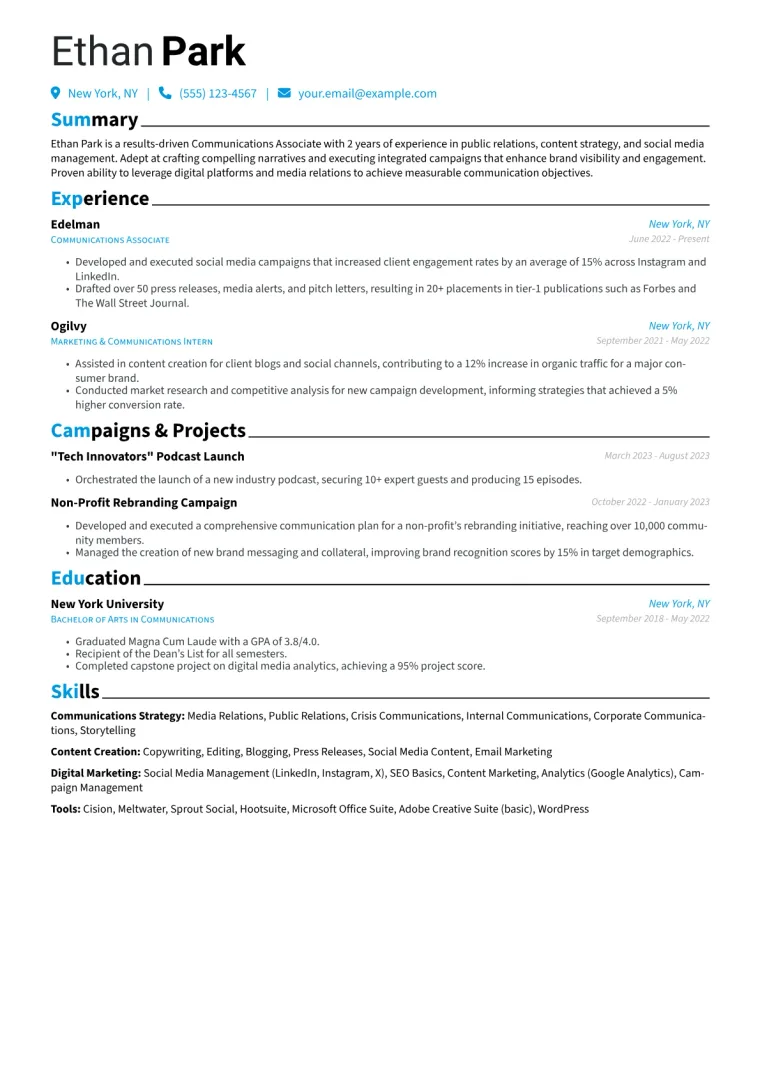 Communications Associate Resume Example CV template preview