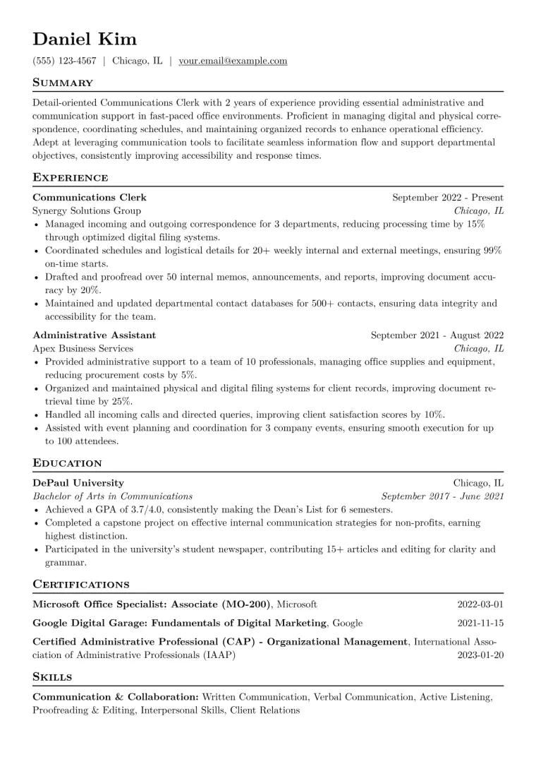 Communications Clerk Resume Example CV template preview