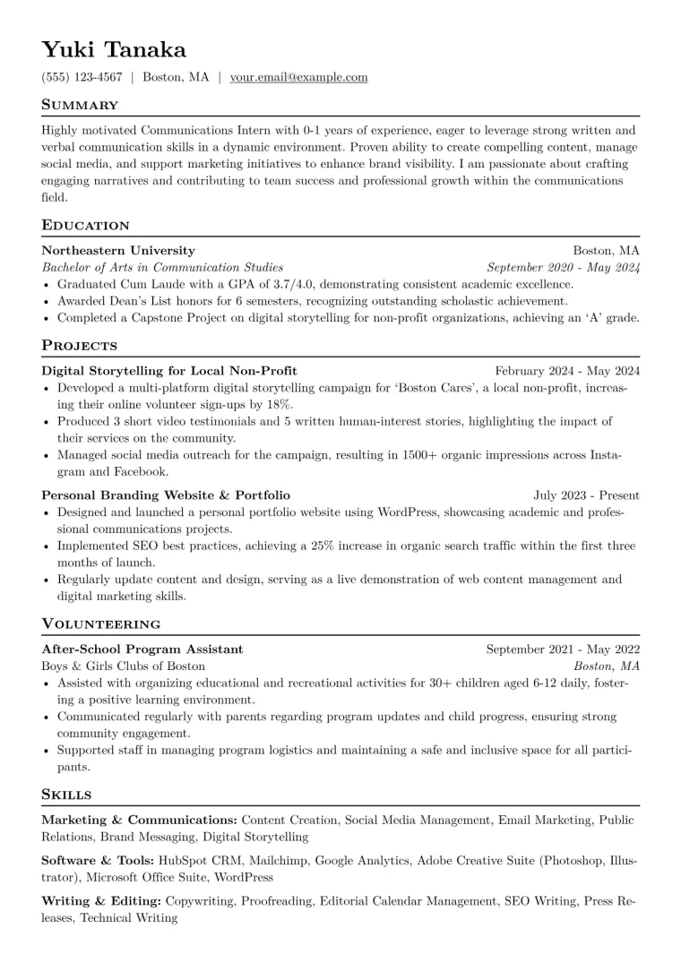 Communications Intern Resume Example CV template preview