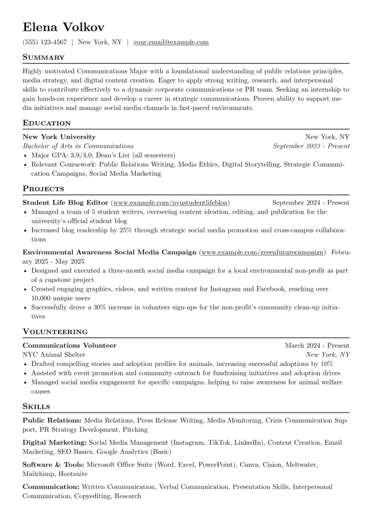 Communications Major Resume Example CV template preview