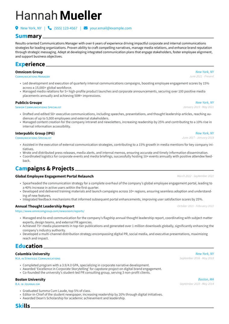 Communications Manager Resume Example CV template preview