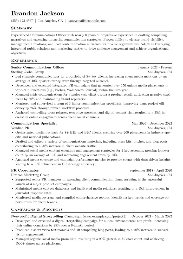 Communications Officer Resume Example preview