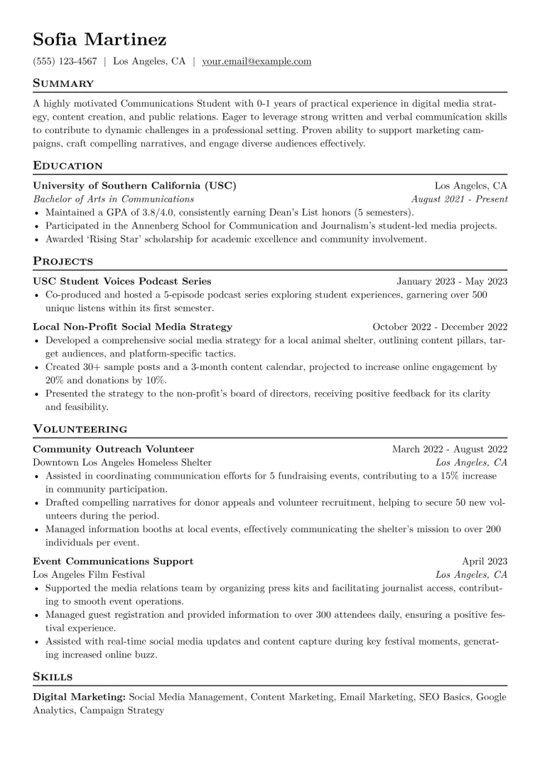 Communications Student Resume Example CV template preview