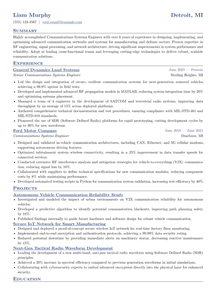 Communications Systems Engineer Resume Example CV template preview