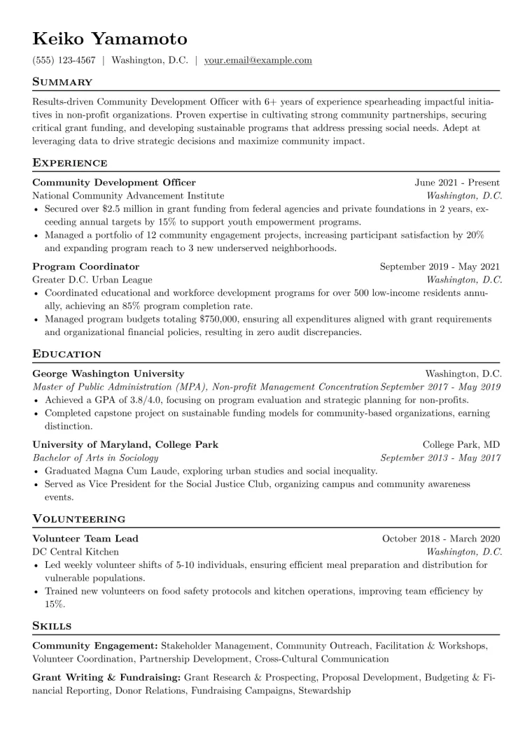 Community Development Officer Resume Example CV template preview