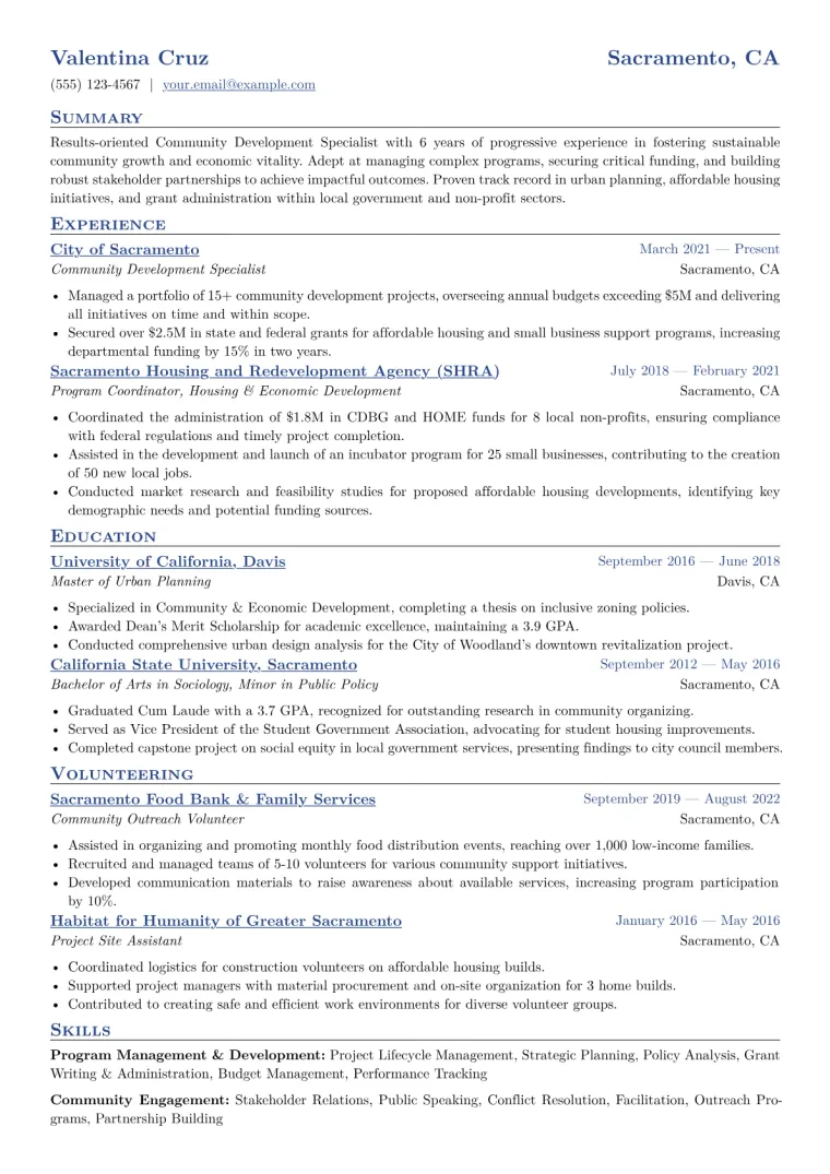 Community Development Specialist Resume Example CV template preview