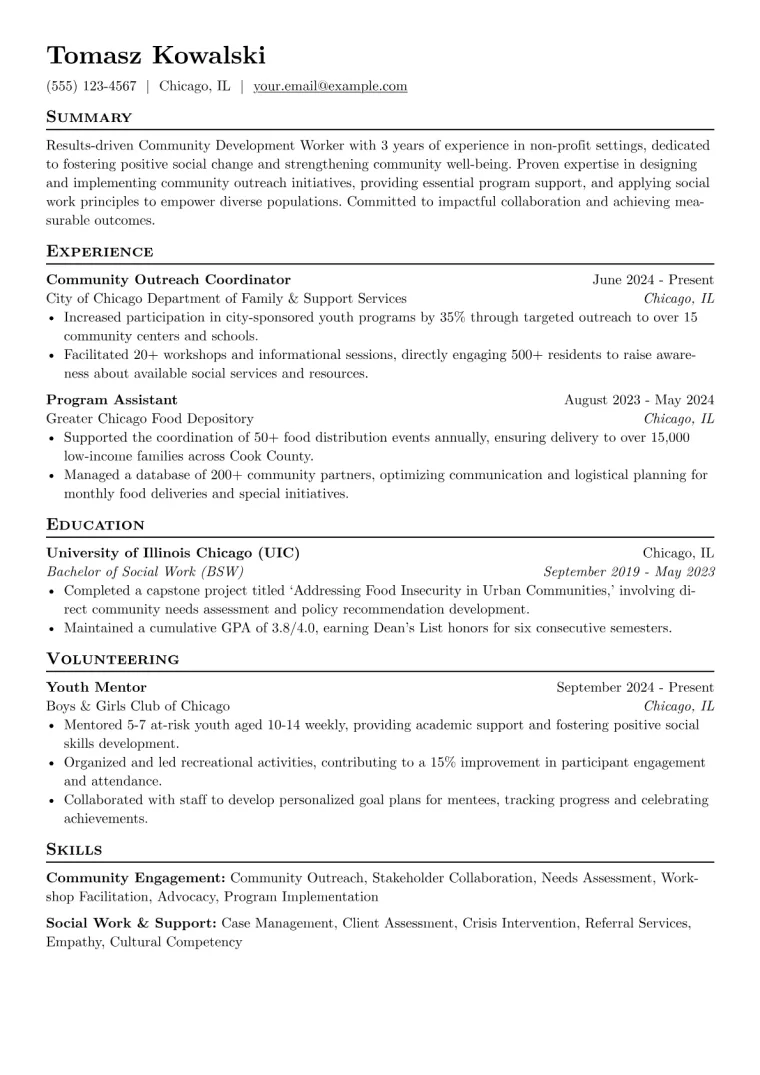 Community Development Worker Resume Example CV template preview