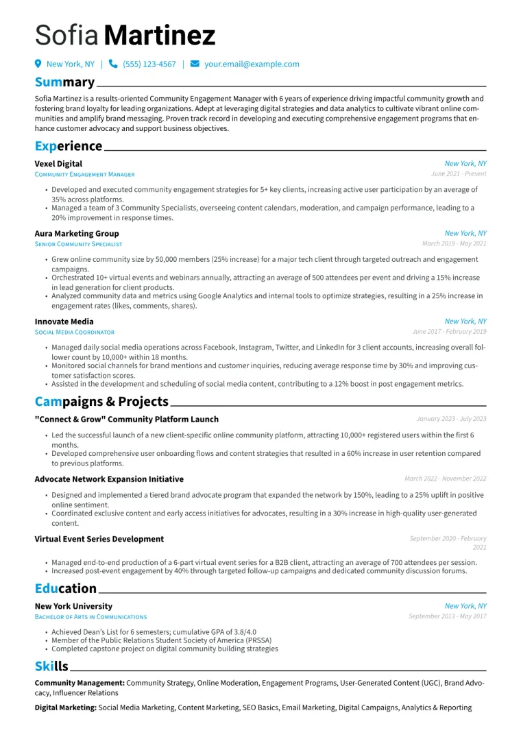 Community Engagement Manager Resume Example CV template preview