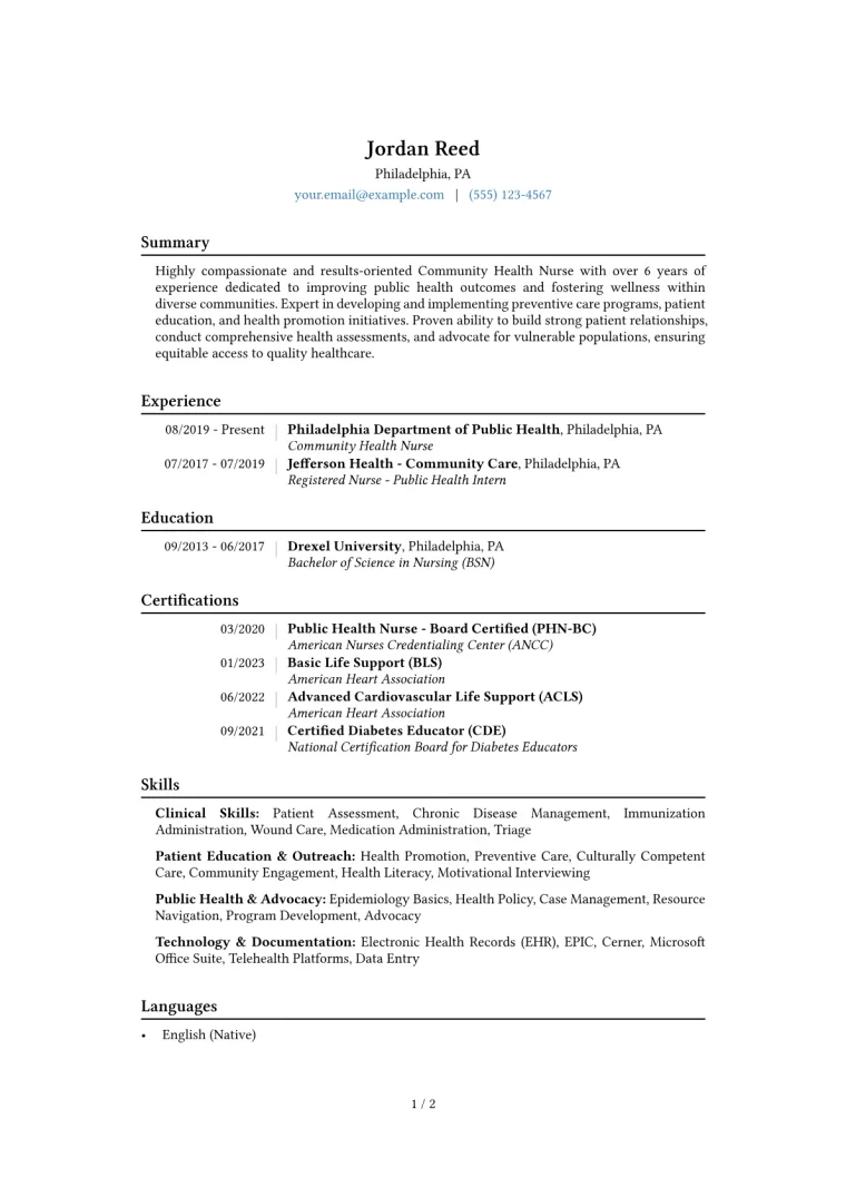 Community Health Nurse Resume Example CV template preview