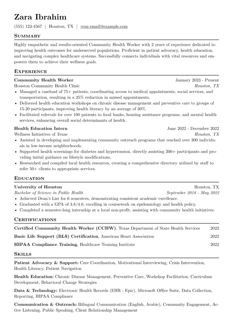 Community Health Worker Resume Example CV template preview