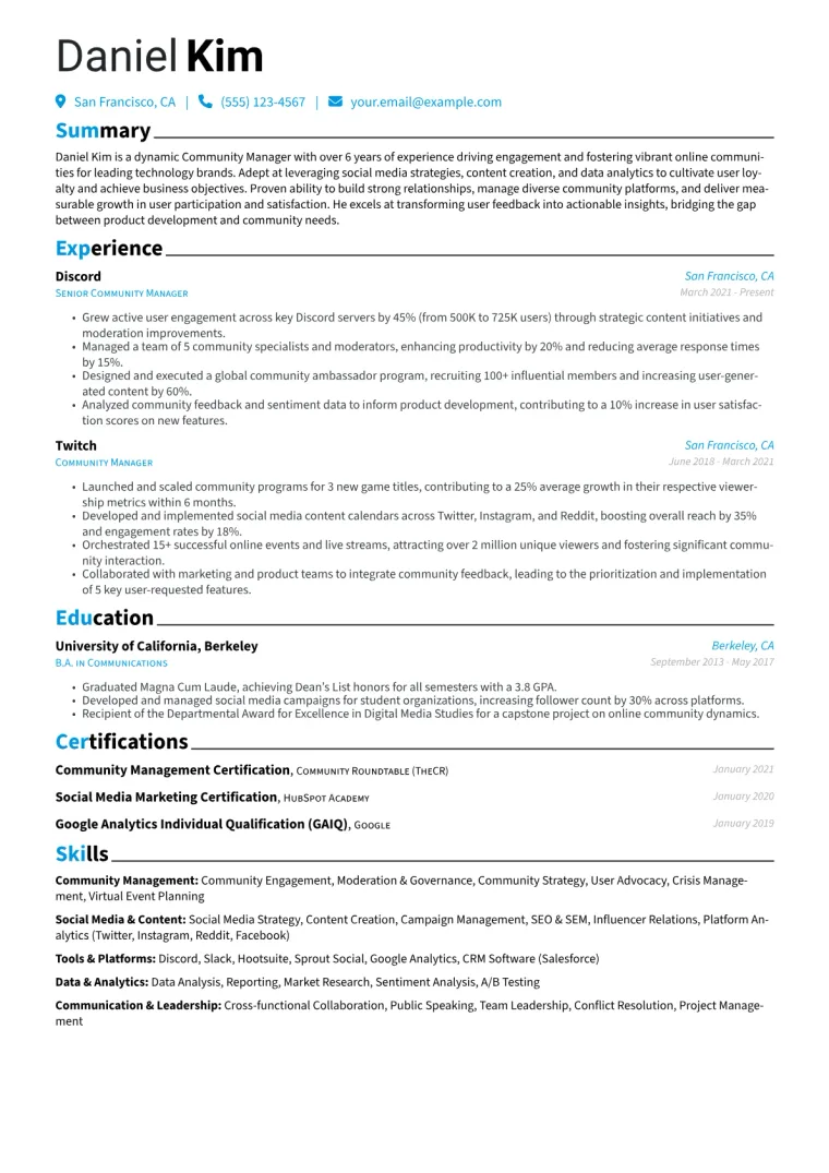 Community Manager Resume Example CV template preview