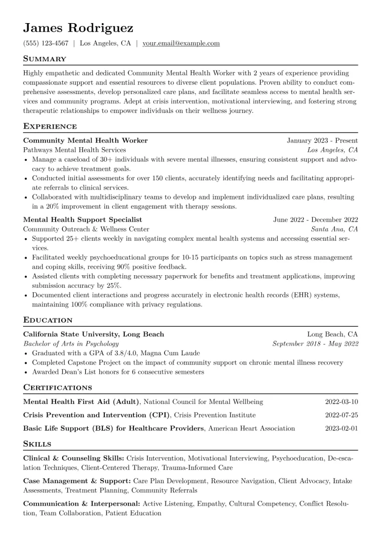 Community Mental Health Worker Resume Example CV template preview