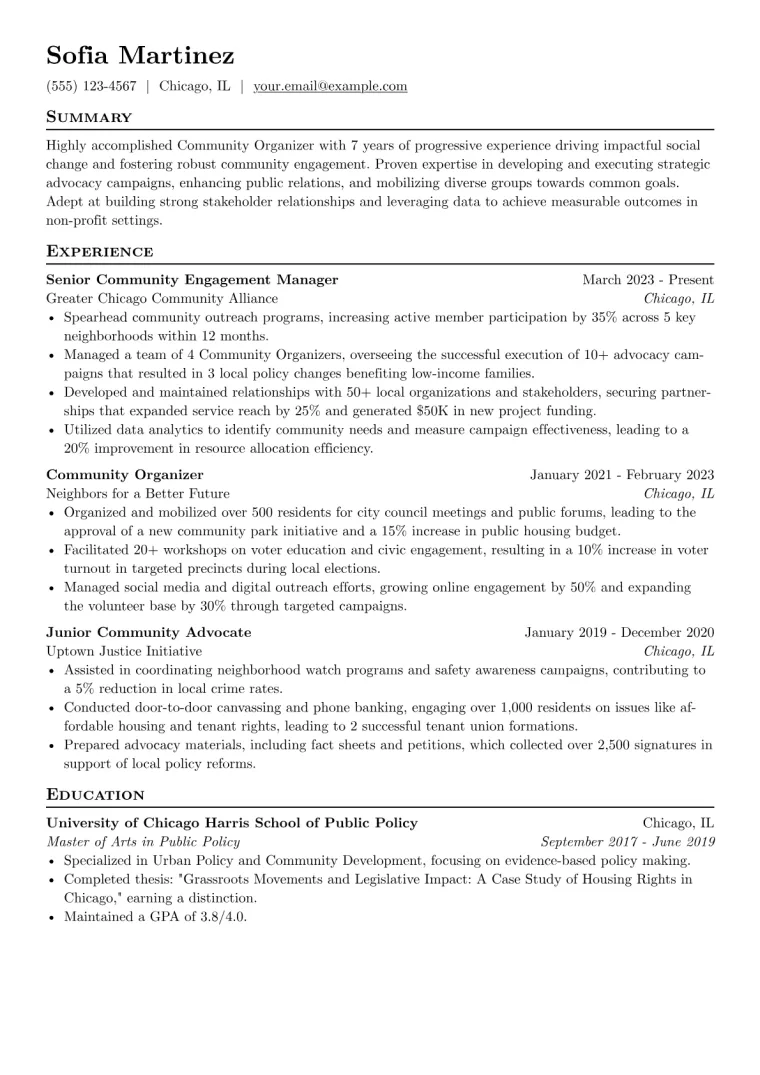 Community Organizer Resume Example CV template preview