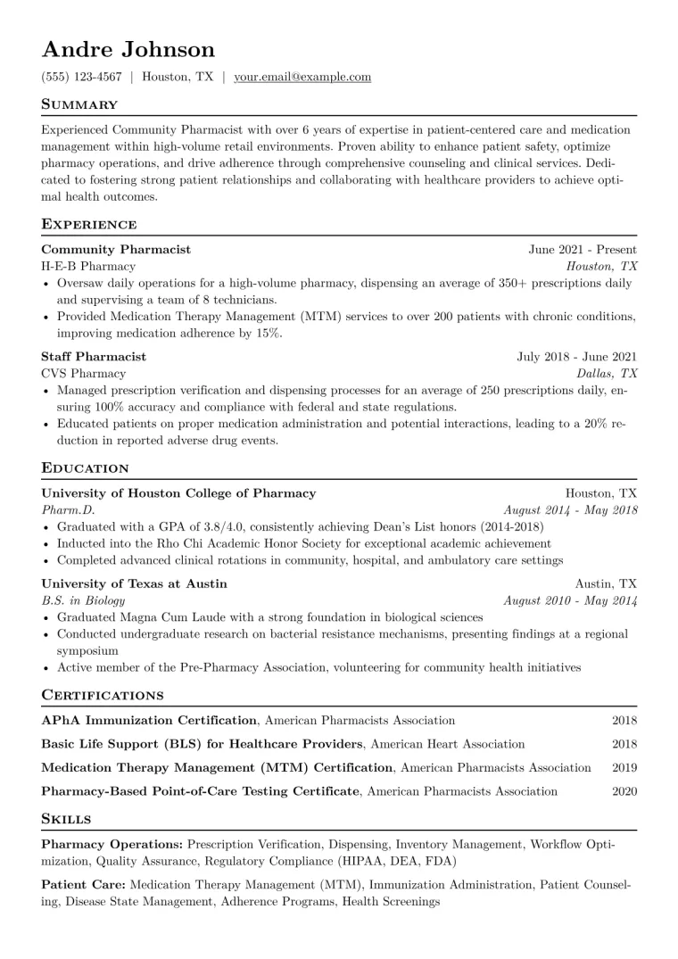 Community Pharmacist Resume Example CV template preview