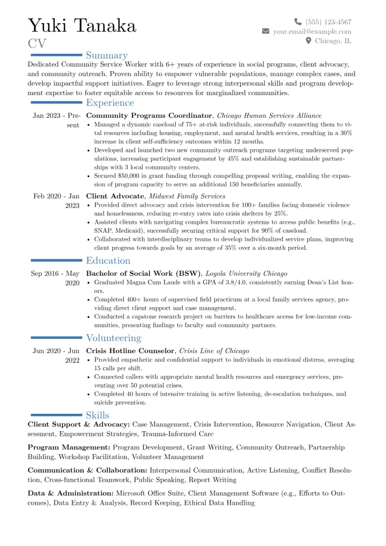 Community Service Worker Resume Example CV template preview