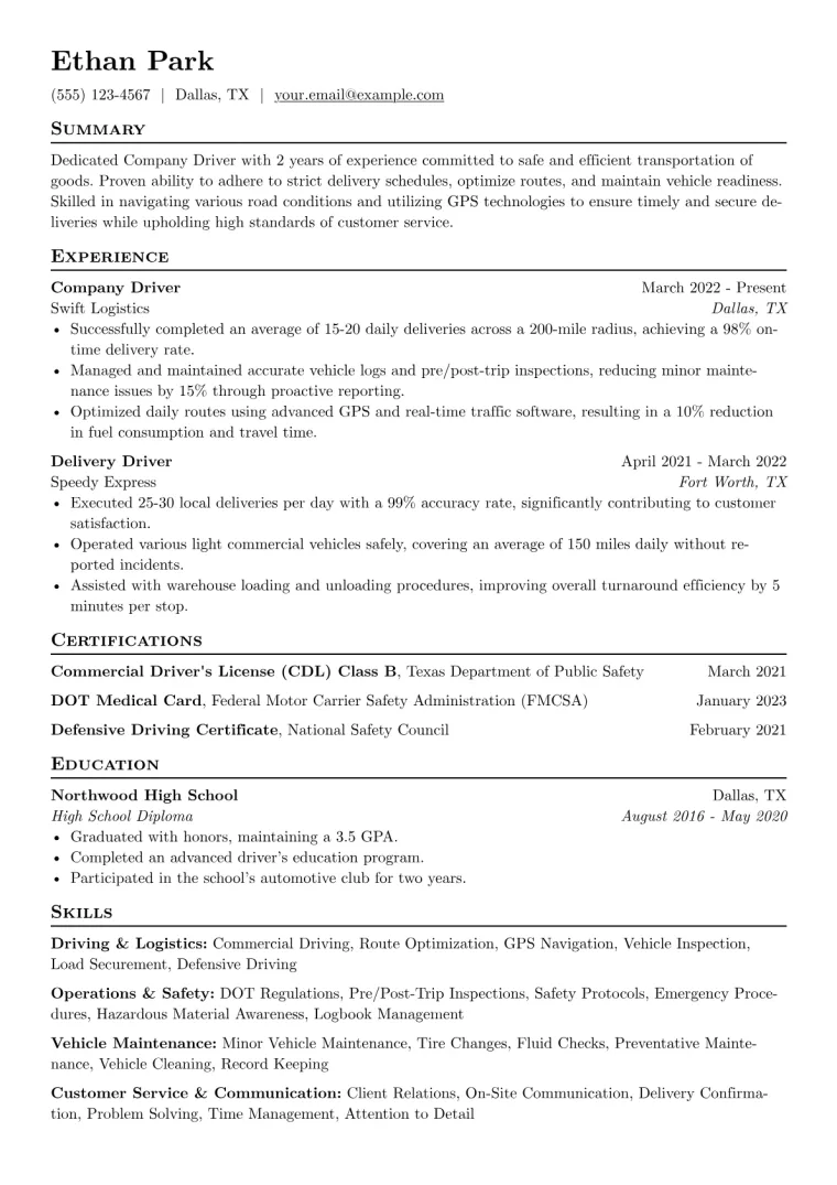 Company Driver Resume Example CV template preview