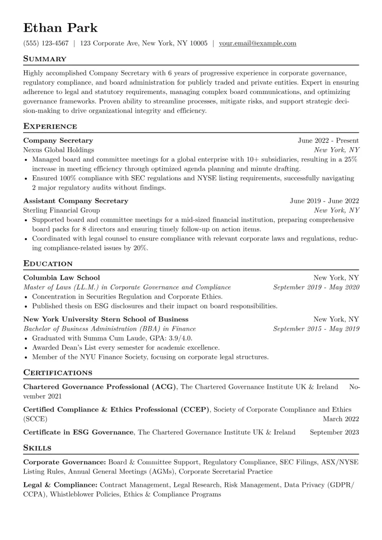 Company Secretary Resume Example CV template preview