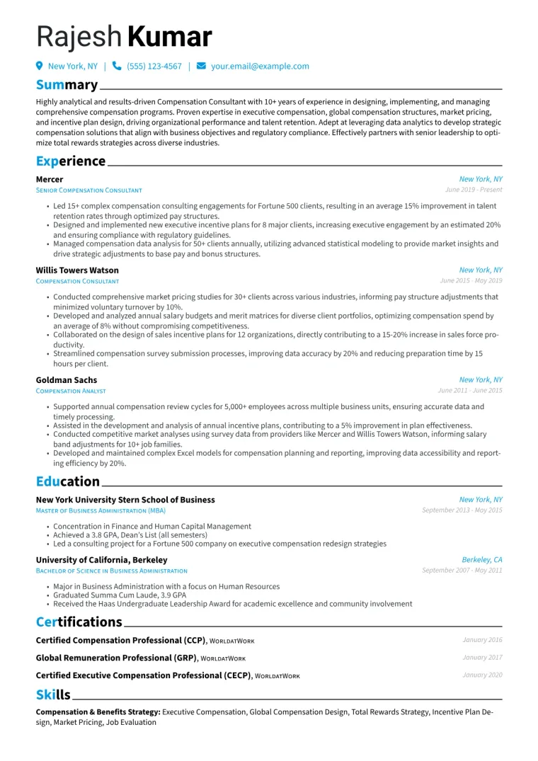 Compensation Consultant Resume Example CV template preview