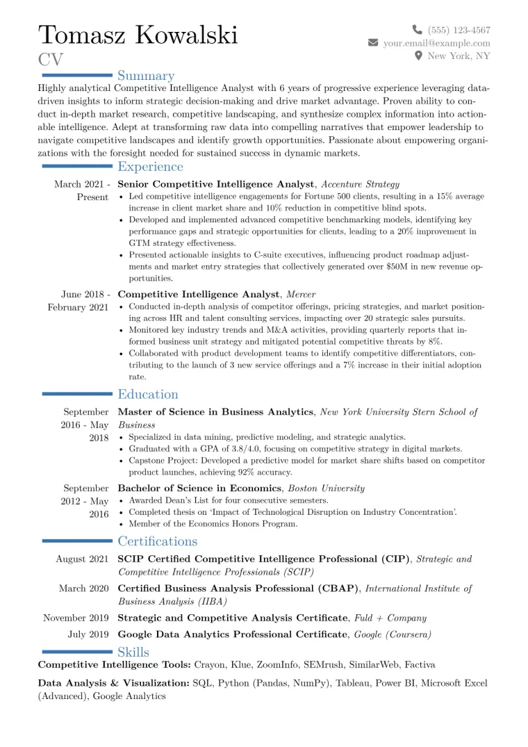 Competitive Intelligence Analyst Resume Example CV template preview