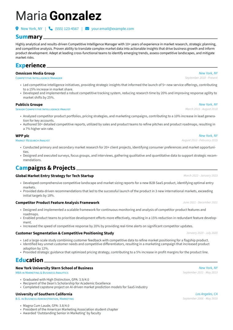 Competitive Intelligence Manager Resume Example CV template preview