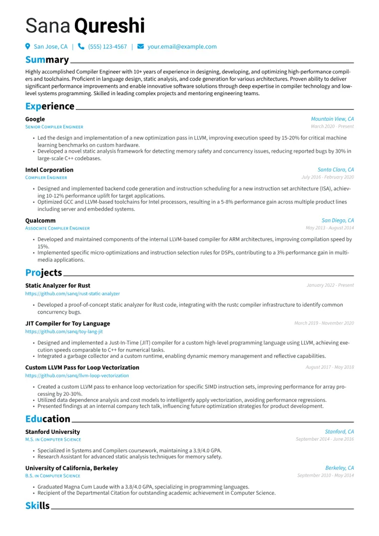 Compiler Engineer Resume Example CV template preview