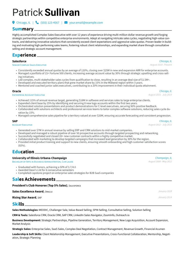 Complex Sales Executive Resume Example CV template preview