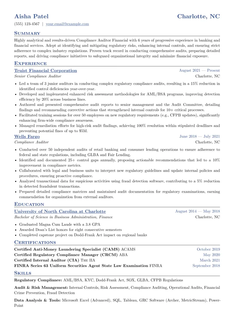 Compliance Auditor Financial Resume Example CV template preview