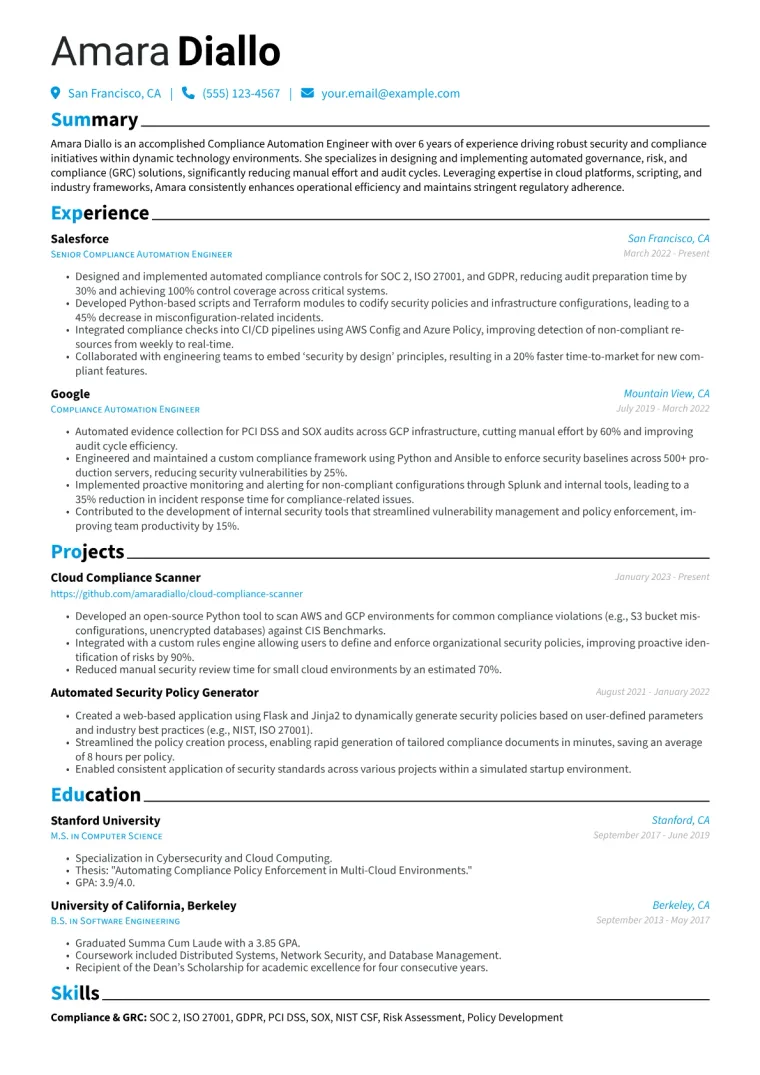 Compliance Automation Engineer Resume Example CV template preview