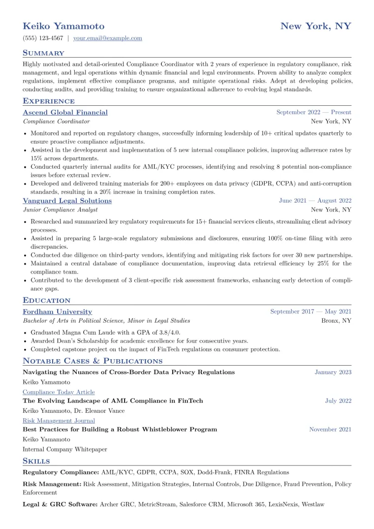 Compliance Coordinator Resume Example CV template preview