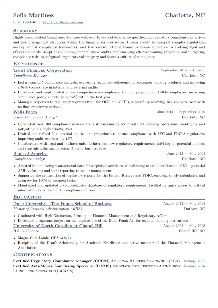 Compliance Manager Resume Example CV template preview