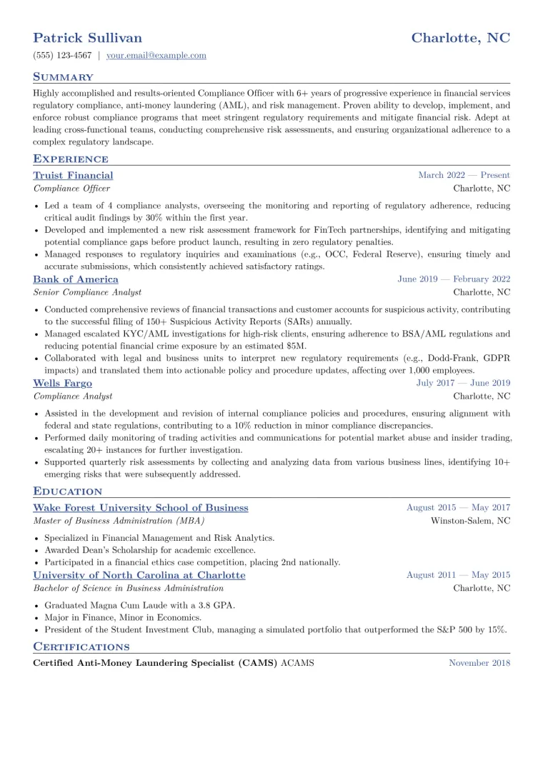 Compliance Officer Resume Example CV template preview