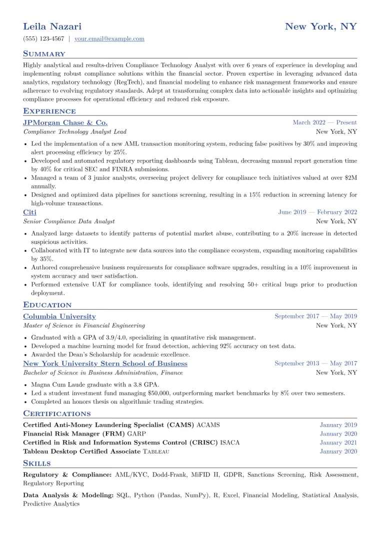Compliance Technology Analyst Resume Example CV template preview
