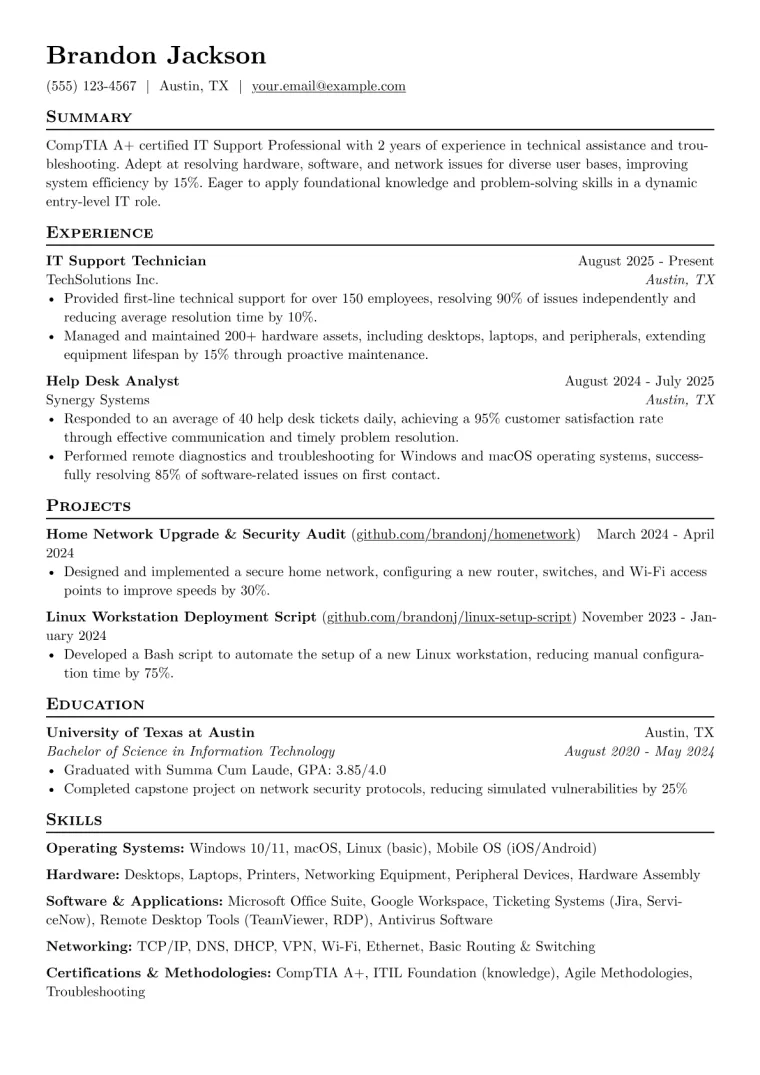 CompTIA A+ Professional Resume Example preview