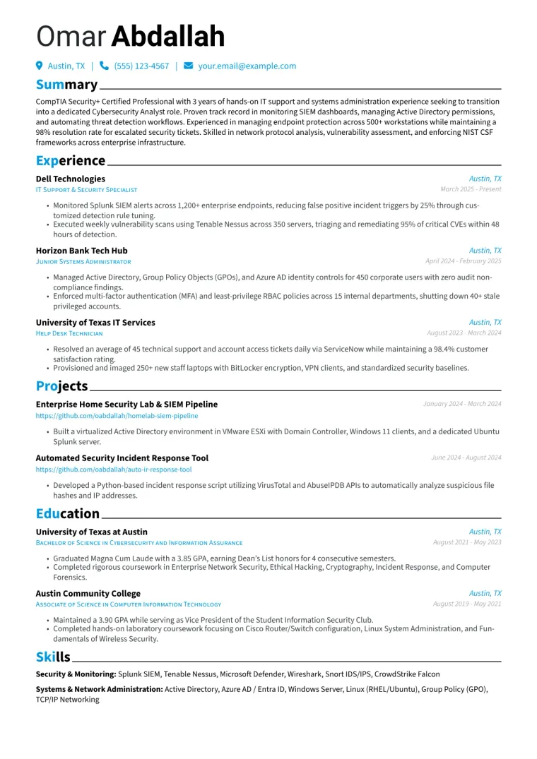 CompTIA Security+ Certified Professional Resume Example preview