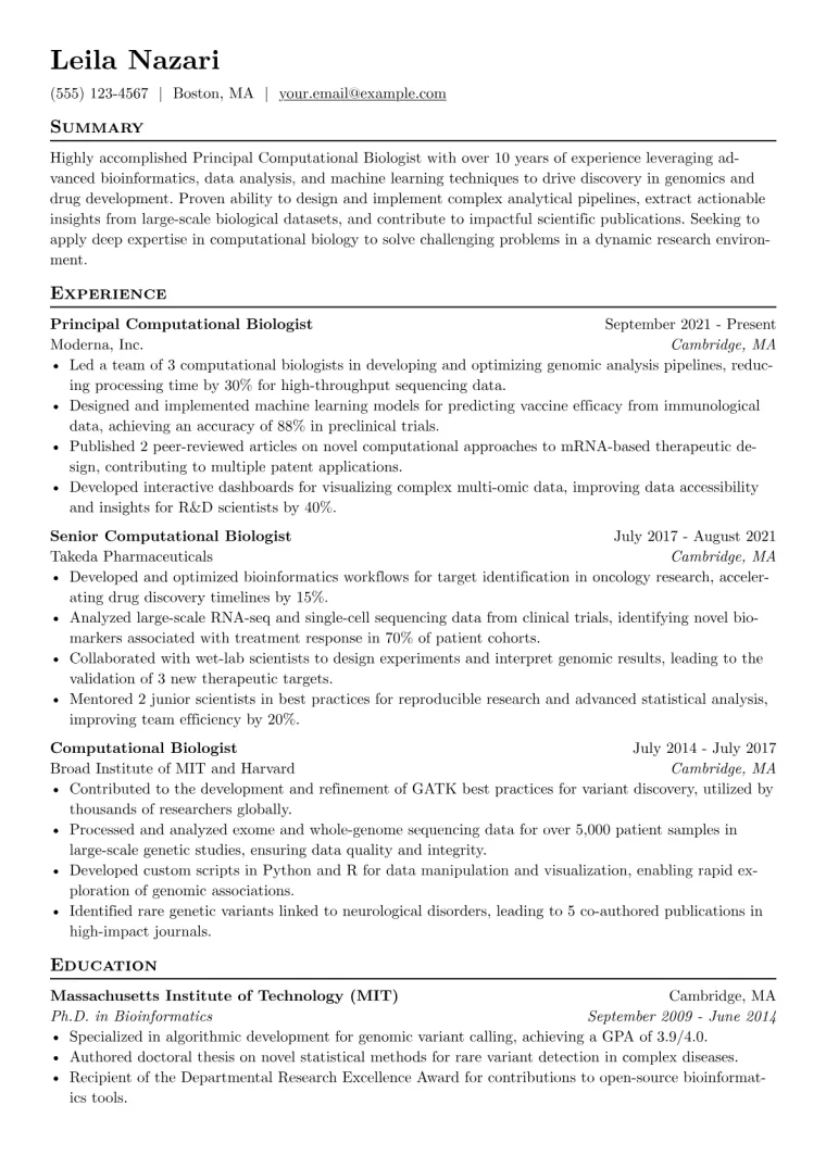 Computational Biologist Resume Example CV template preview