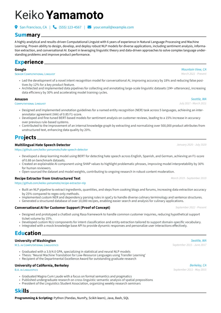 Computational Linguist Resume Example CV template preview