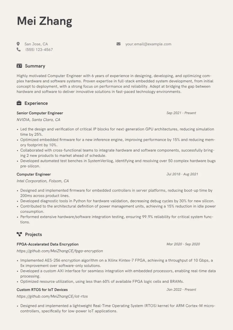 Computer Engineer Resume Example CV template preview