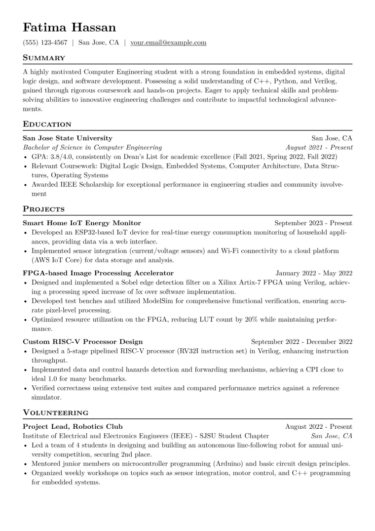 Computer Engineering Student Resume Example CV template preview