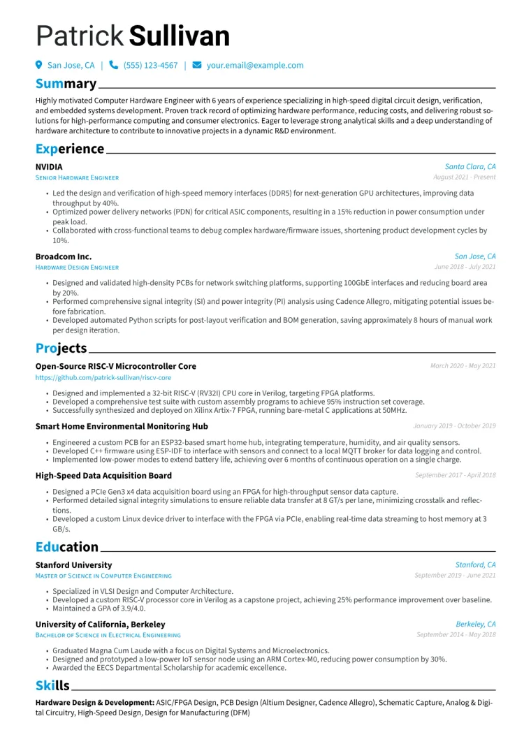 Computer Hardware Engineer Resume Example CV template preview