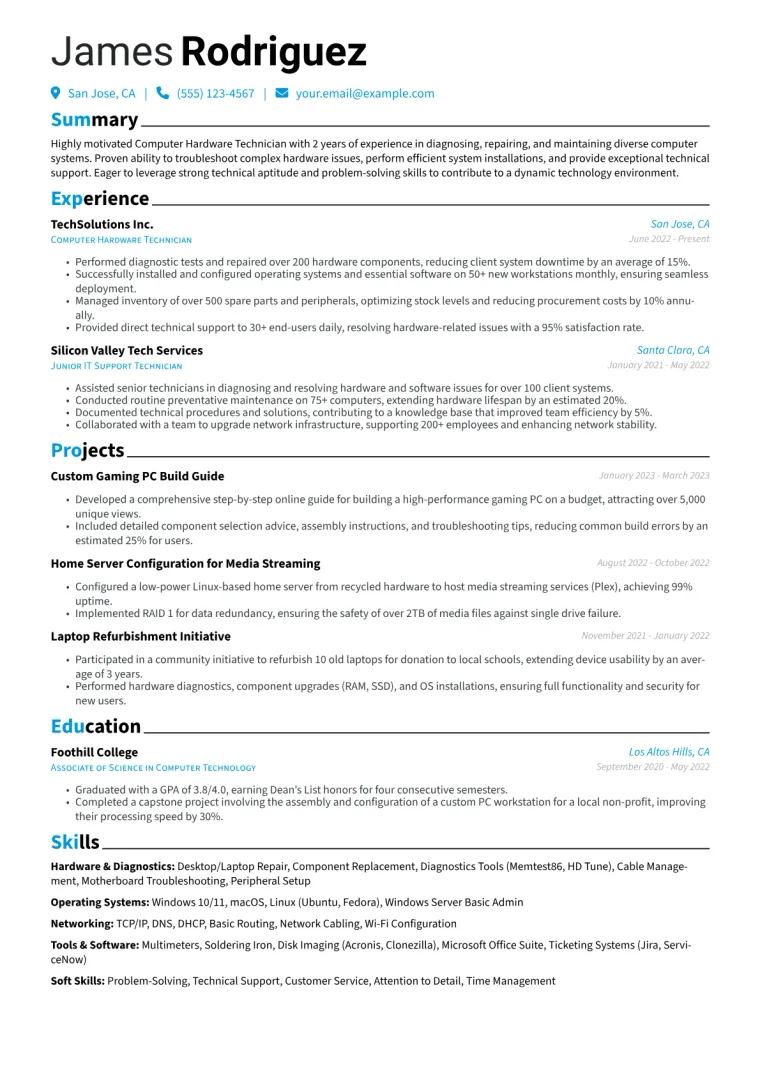 Computer Hardware Technician Resume Example CV template preview
