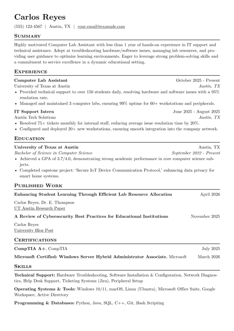 Computer Lab Assistant Resume Example CV template preview