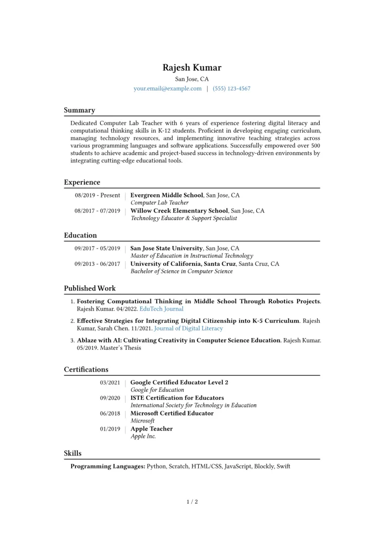Computer Lab Teacher Resume Example CV template preview
