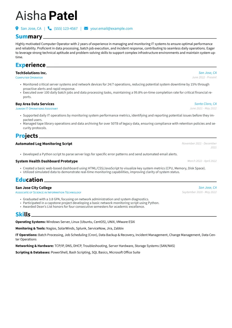 Computer Operator Resume Example CV template preview